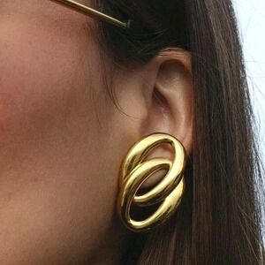 Gold 18K Hoop stud earrings Chunky Double‑Loop Boho post old Money Preppy